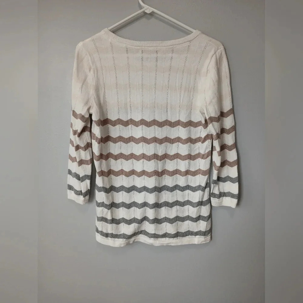 Hawthorne ladies 3/4 length sleeve striped eyelet sweater size M tan gray cream - Picture 2 of 7